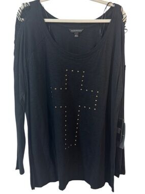 Size 1X Rock & Republic Black Long-Sleeve Tee with Gold Stud Cross